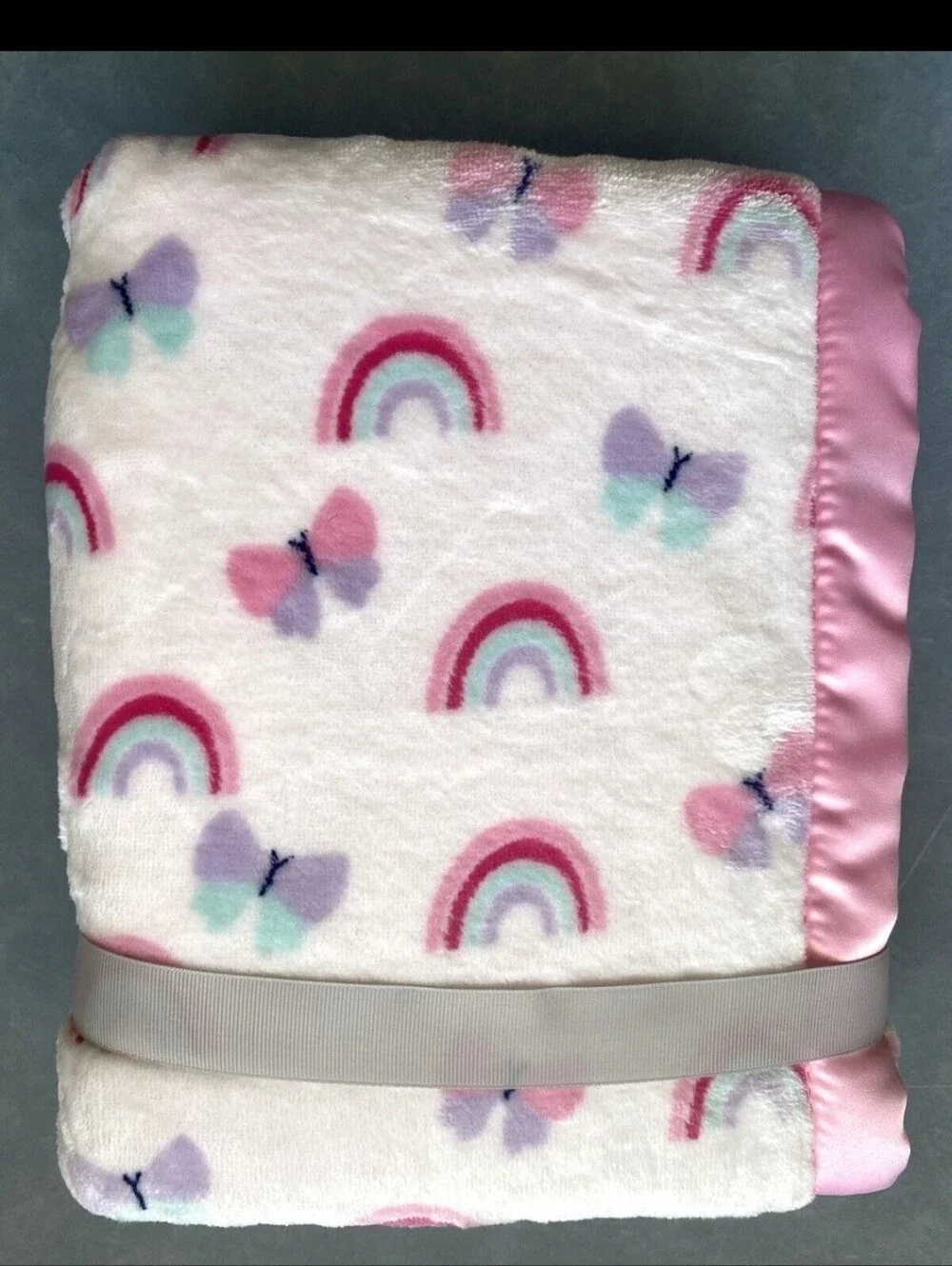 Parent's Choice Plush Pink Rainbow Baby Blanket Satin Trim Butterflies